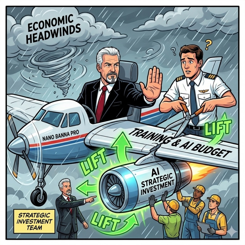 Comic: in economic headwinds, a nervous pilot tries to cut the plane's wing labeled training and AI budget while the consultant stops him — ground crew bolt on an engine labeled AI strategic investment for more lift