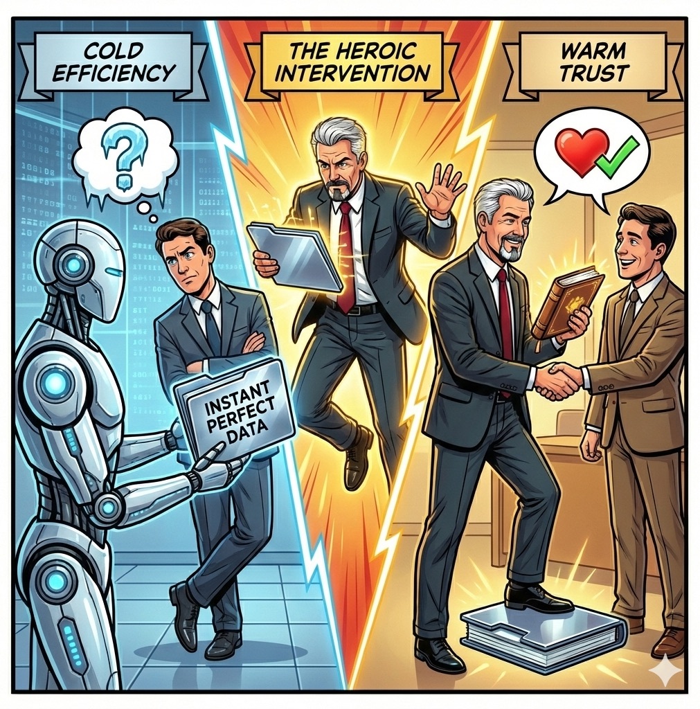 Comic in three panels: under Cold Efficiency, a robot hands a skeptical buyer Instant Perfect Data; under The Heroic Intervention, a silver-haired consultant leaps in with a tablet; under Warm Trust, he shakes the delighted buyer's hand standing on the data, with a heart and checkmark speech bubble