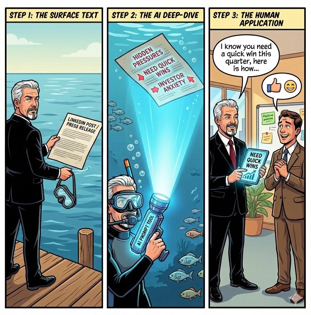 Comic in three steps: Step 1 The Surface Text — a consultant on a dock holds a LinkedIn post and snorkel mask; Step 2 The AI Deep-Dive — he dives underwater shining an AI prompt tool flashlight on hidden pressures like need quick wins and investor anxiety; Step 3 The Human Application — he tells a happy client, I know you need a quick win this quarter, here is how