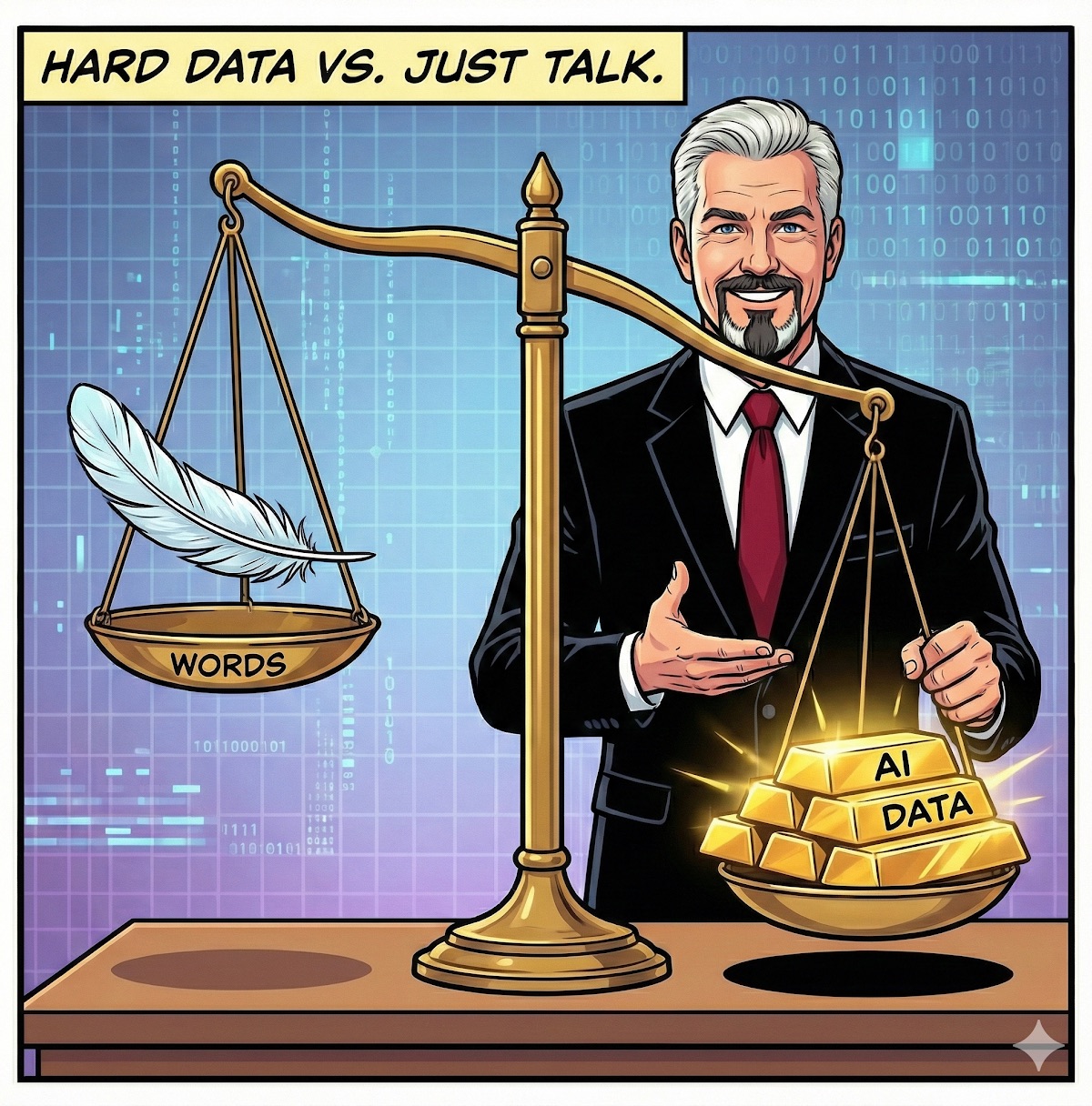 Comic titled Hard Data vs. Just Talk: a smiling consultant presents a balance scale where a feather labeled Words is far outweighed by gold bars labeled AI Data