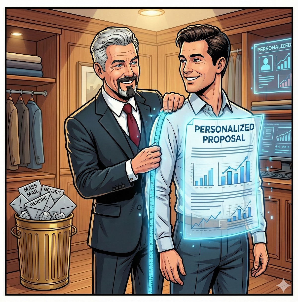 Comic: like a tailor, a consultant measures a client for a glowing Personalized Proposal fitted to him, while generic mass-mail envelopes lie crumpled in a trash can