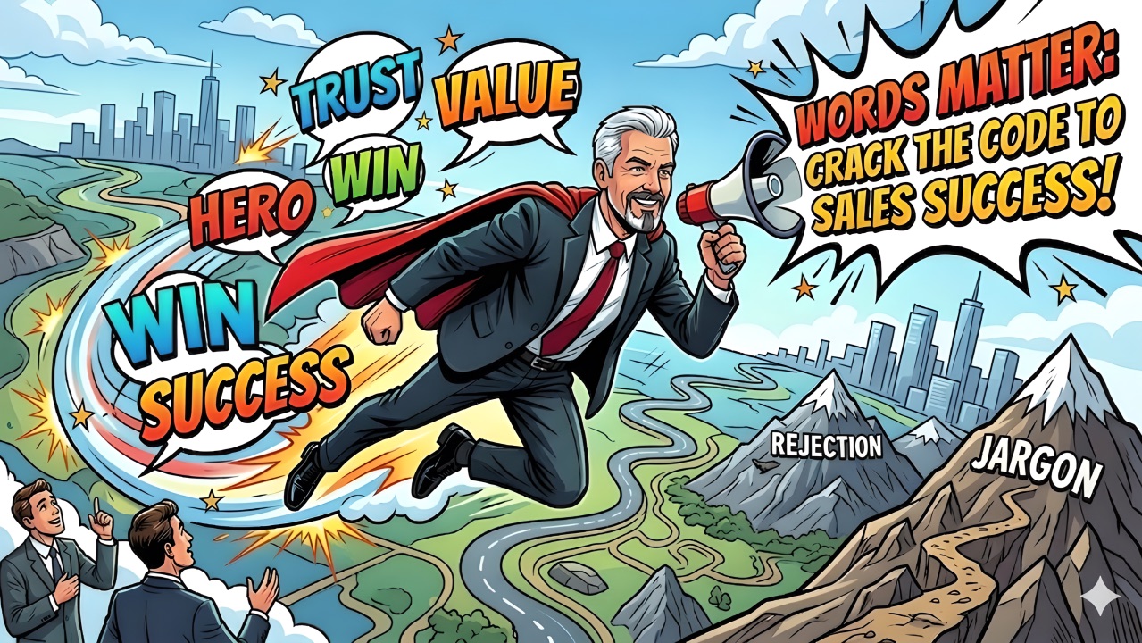 Comic banner: a caped salesman superhero flies with a megaphone among speech bubbles reading trust, value, win and success — Words Matter: Crack the Code to Sales Success
